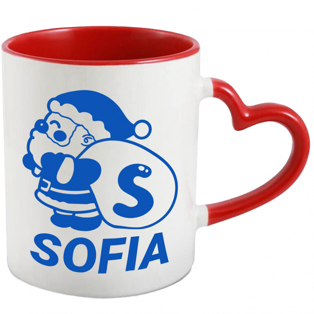 Cana Iubitorii De Iarna, Mos Craciun Cu Sac, Text Nume Personalizat, Copii, Culoare Albastru, Cu Litera, 330ML, Ceramica, Cu Maner Inima Rosie si Interior Rosu [1]