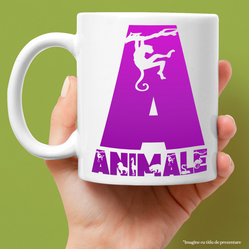 Cana Iubitorii De Maimute, Jungla, Text Personalizat, Culoare Mov,Copii, Cu Litera, 330ML, Ceramica, Cu Maner si Interior Alb [2]