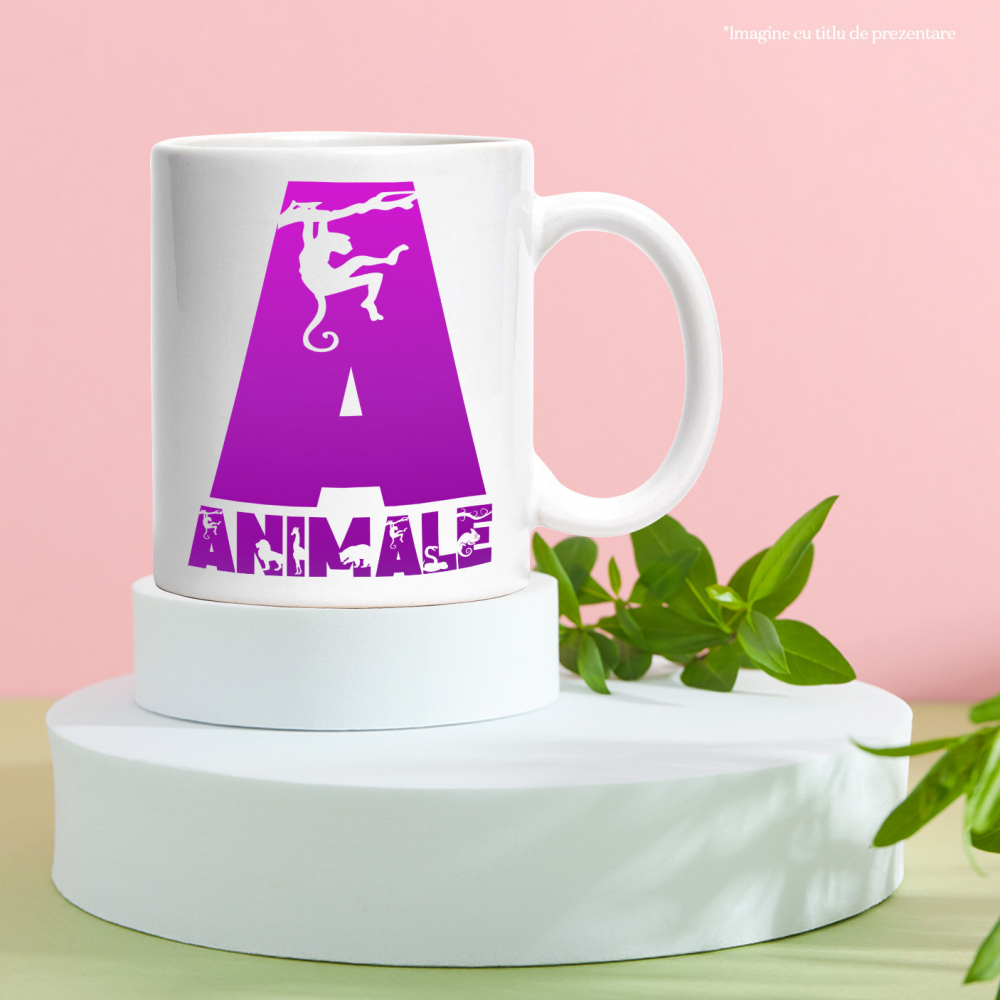 Cana Iubitorii De Maimute, Jungla, Text Personalizat, Culoare Mov,Copii, Cu Litera, 330ML, Ceramica, Cu Maner si Interior Alb [3]