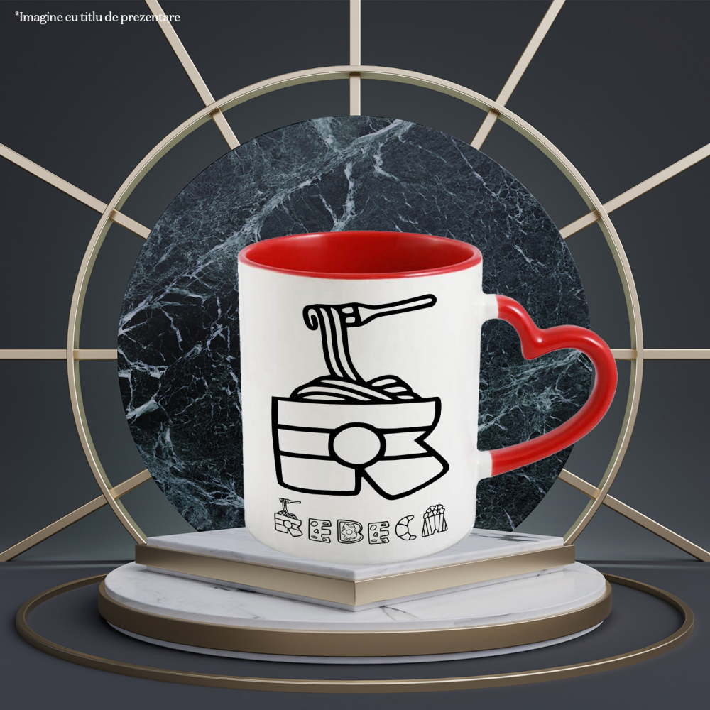 Cana Iubitorii De Mancare, Noodles, Pizza, Croasant, Text Nume Personalizat, Culoare Negru, Cu Litera, 330ML, Ceramica, Cu Maner Inima Rosie si Interior Rosu [2]