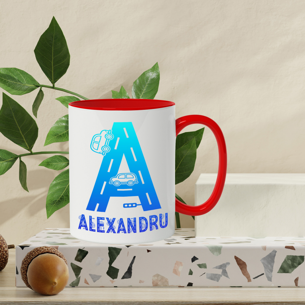 Cana Iubitorii De Masini, Sofer, Text Nume Personalizat, Culoare Albastru Gradient, Cu Litera, 330ML, Ceramica, Cu Maner si Interior Rosu [3]