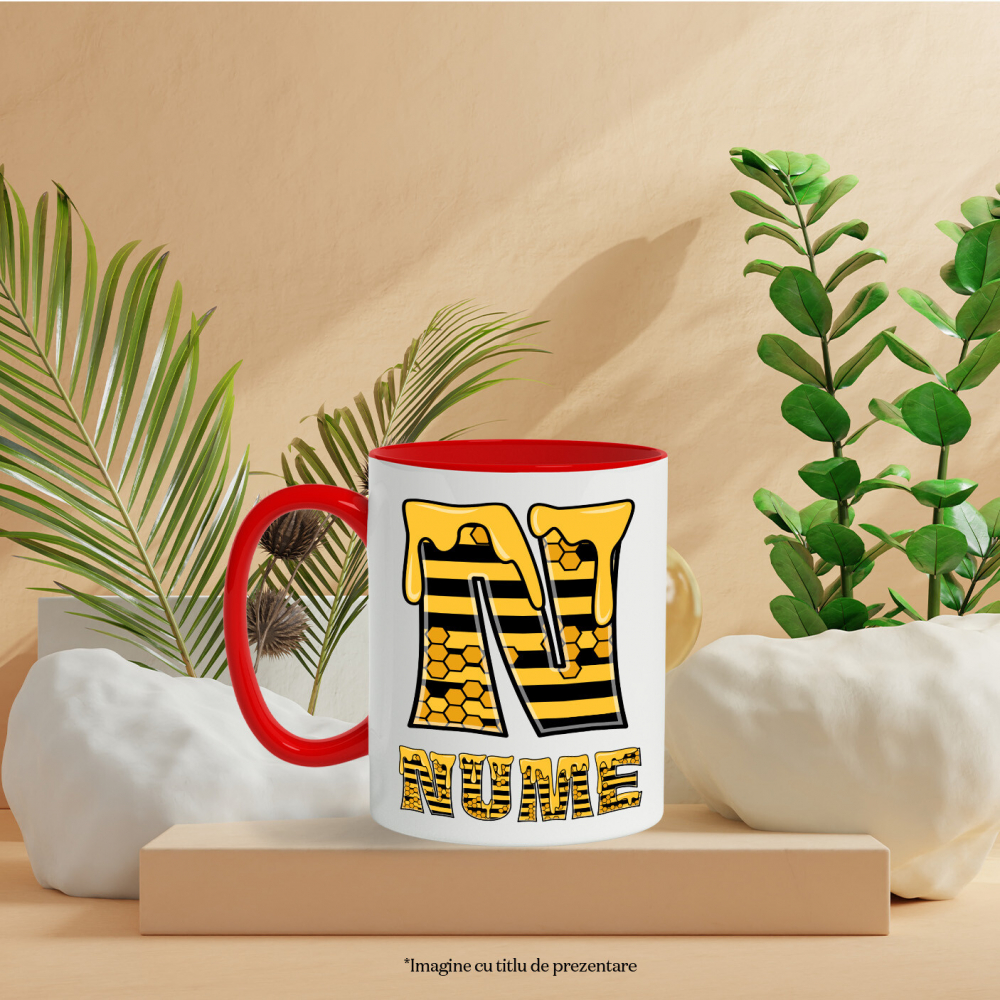 Cana Iubitorii De Miere, Albine, Text Personalizat, Culoare Galben Negru,, Cu Litera, 330ML, Ceramica, Cu Maner si Interior Rosu [3]