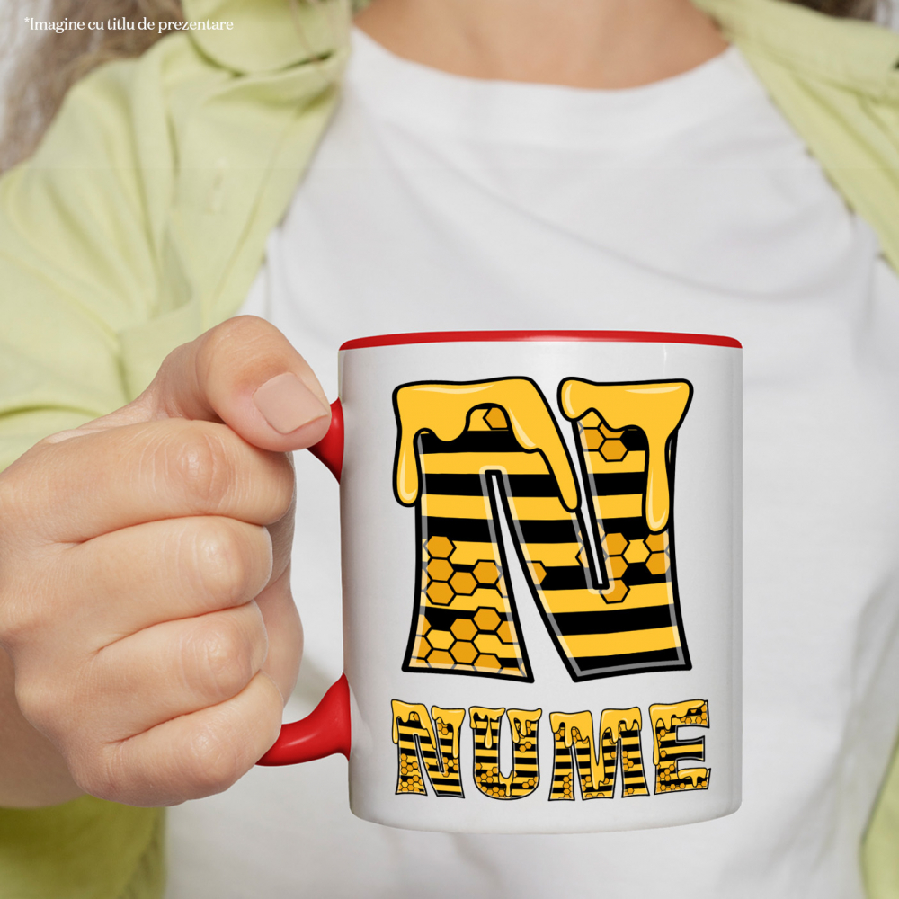 Cana Iubitorii De Miere, Albine, Text Personalizat, Culoare Galben Negru,, Cu Litera, 330ML, Ceramica, Cu Maner si Interior Rosu [2]