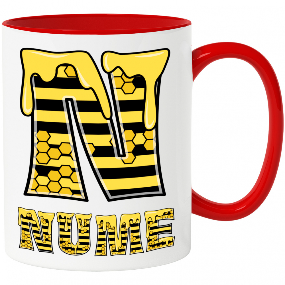 Cana Iubitorii De Miere, Albine, Text Personalizat, Culoare Galben Negru,, Cu Litera, 330ML, Ceramica, Cu Maner si Interior Rosu [1]