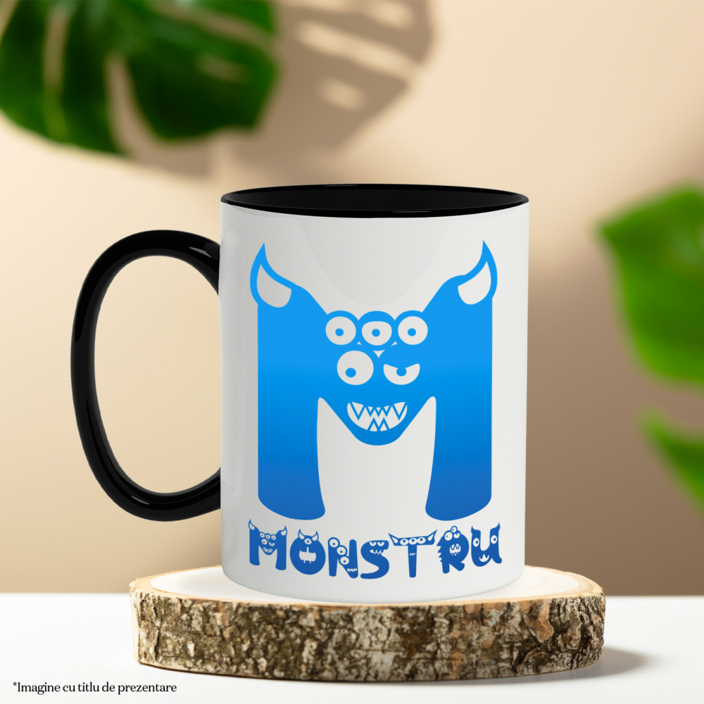 Cana Iubitorii De Monstri, Chip Cu Multi Ochii, Text Nume Personalizat, Culoare Albastru, copii, Cu Litera, 330ML, Ceramica, Cu Maner si Interior Negru [3]