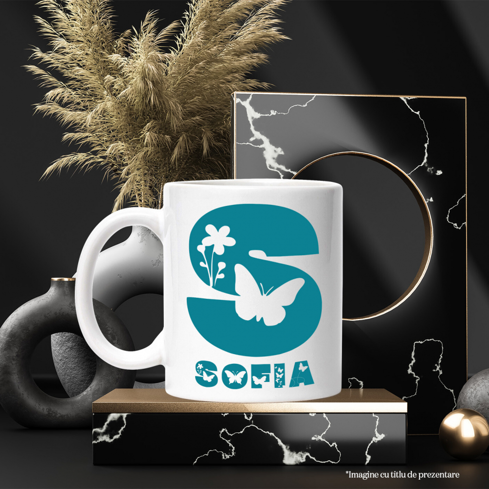 Cana Iubitorii De Natura, Flori, fluture, Text Nume Personalizat, copii, Culoare Albastru, Cu Litera, 330ML, Ceramica, Cu Maner si Interior Alb [3]