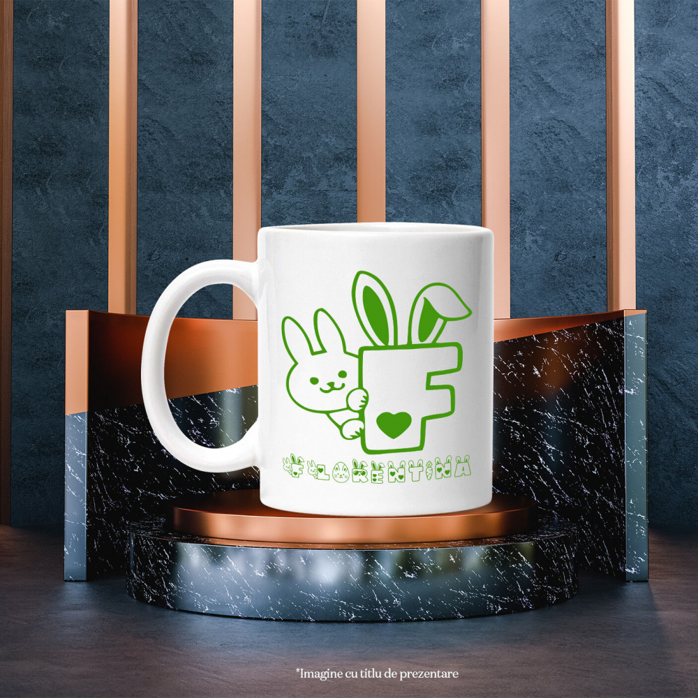 Cana Iubitorii De Paste, Iepure inima, Text Nume Personalizat, Culoare Verde, Cu Litera, 330ML, Ceramica, Cu Maner si Interior Alb [3]