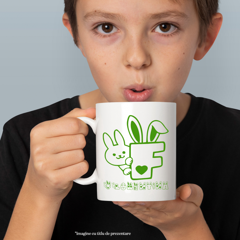 Cana Iubitorii De Paste, Iepure inima, Text Nume Personalizat, Culoare Verde, Cu Litera, 330ML, Ceramica, Cu Maner si Interior Alb [2]