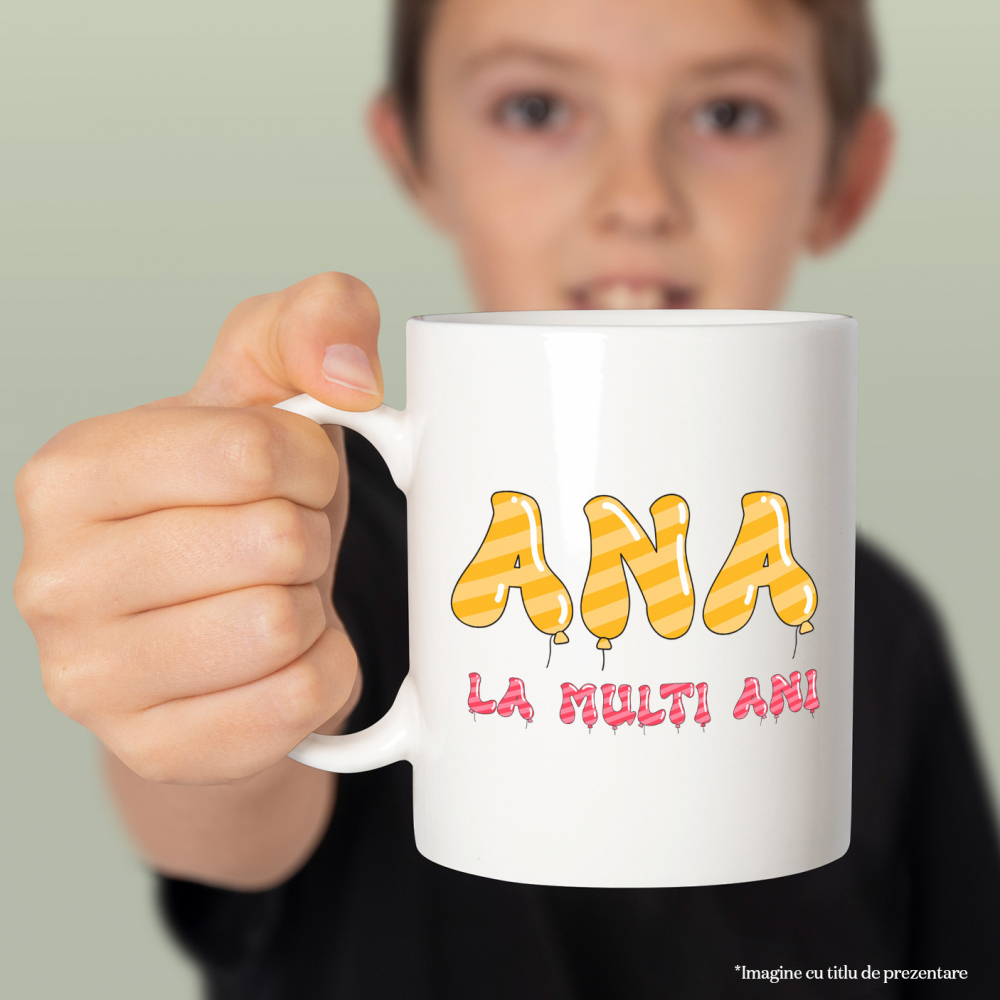 Cana Iubitorii De Petreceri, Baloane Coloratre, Unicorn, Text Nume Personalizat, copii, Culoare Galben Roz, Cu Litera, 330ML, Ceramica, Cu Maner si Interior Alb [2]