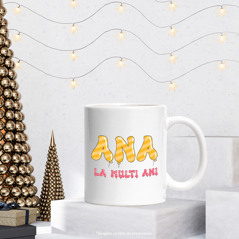 Cana Iubitorii De Petreceri, Baloane Coloratre, Unicorn, Text Nume Personalizat, copii, Culoare Galben Roz, Cu Litera, 330ML, Ceramica, Cu Maner si Interior Alb [3]