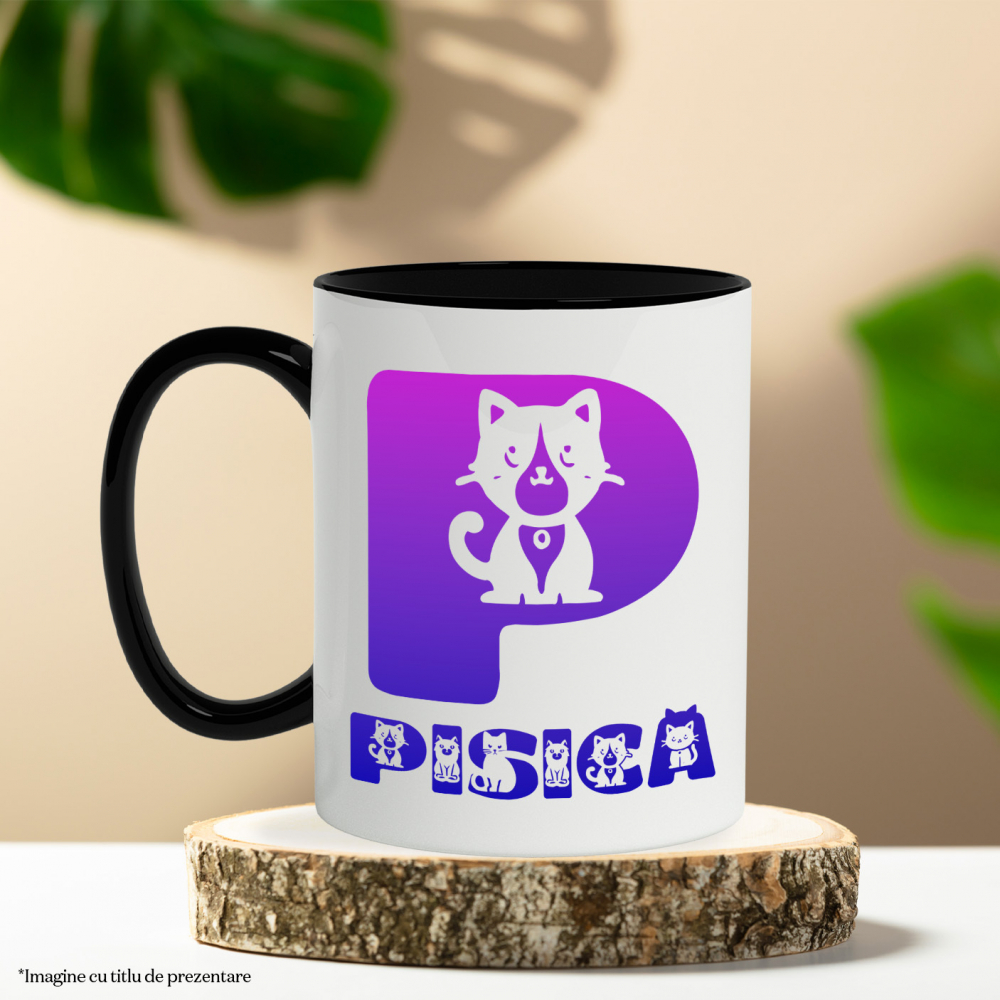 Cana Iubitorii De Pisici, Animal Blanos, Text Personalizat, Culoare Mov Gradient,Copii, Cu Litera, 330ML, Ceramica, Cu Maner si Interior Negru [3]