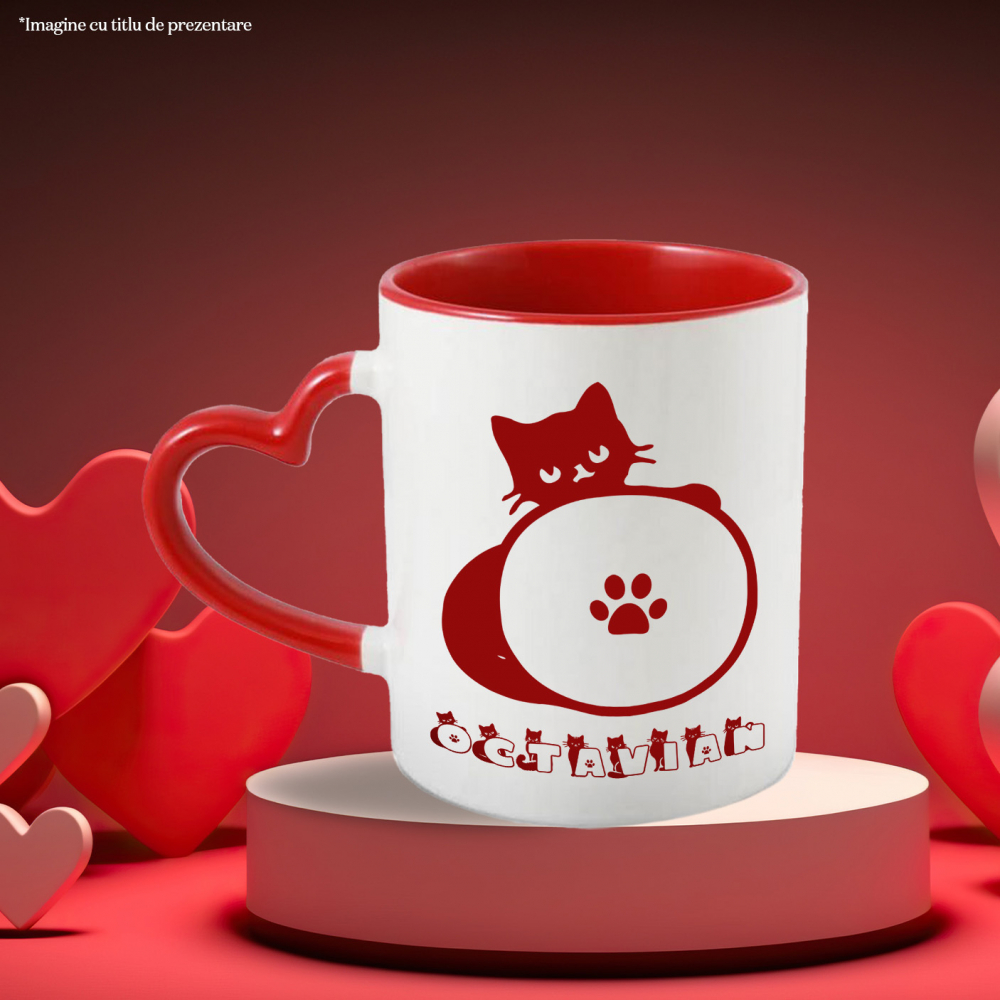Cana Iubitorii De Pisici, Animal Pufos, Text Nume Personalizat, Culoare Rosu, Cu Litera, 330ML, Ceramica, Cu Maner Inima Rosie si Interior Rosu [3]