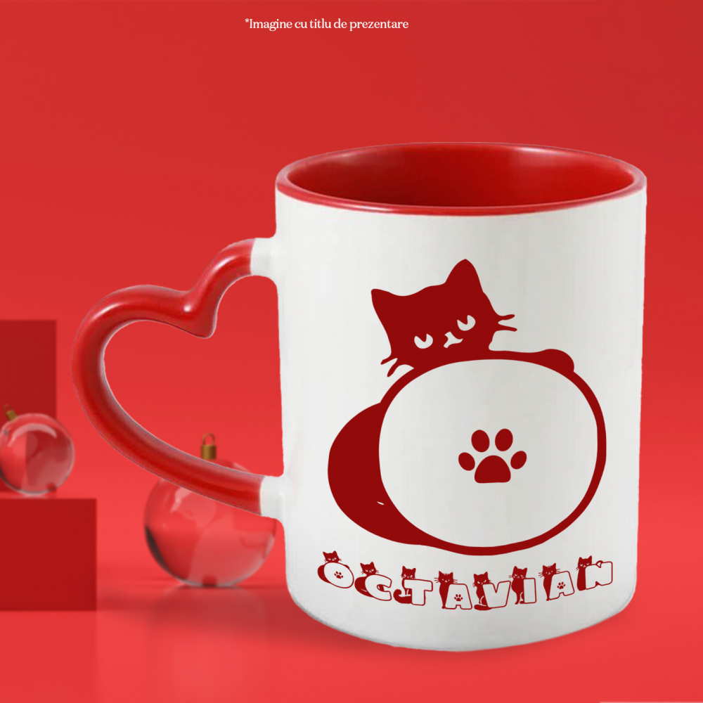 Cana Iubitorii De Pisici, Animal Pufos, Text Nume Personalizat, Culoare Rosu, Cu Litera, 330ML, Ceramica, Cu Maner Inima Rosie si Interior Rosu [2]