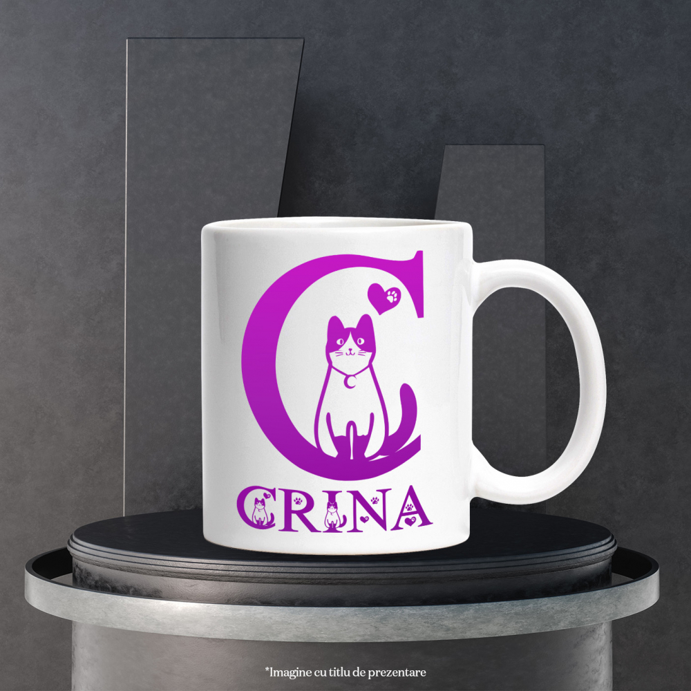 Cana Iubitorii De Pisici, Labuta Animal, Text Personalizat, Culoare Roz Gradient,Copii, Cu Litera, 330ML, Ceramica, Cu Maner si Interior Alb [3]