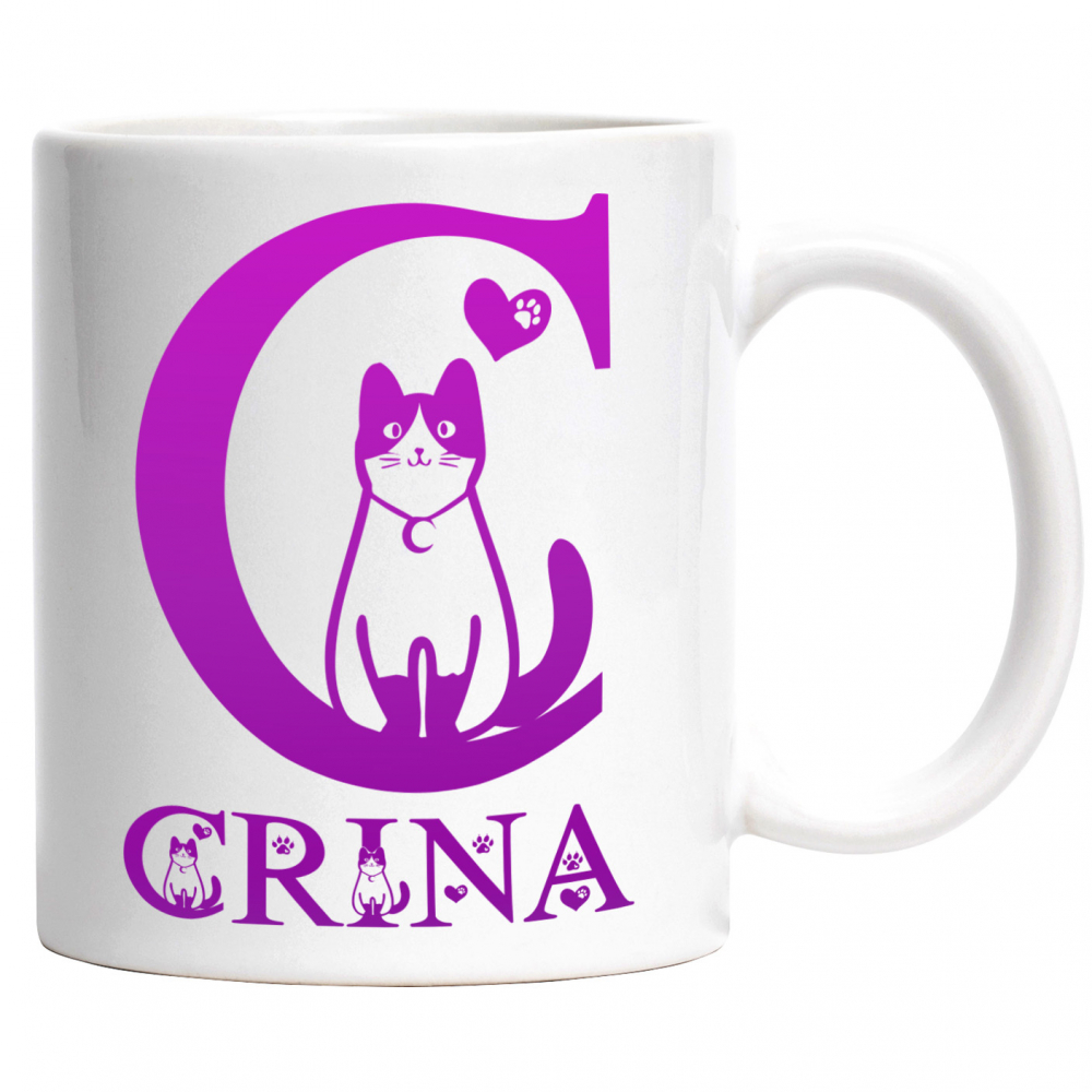 Cana Iubitorii De Pisici, Labuta Animal, Text Personalizat, Culoare Roz Gradient,Copii, Cu Litera, 330ML, Ceramica, Cu Maner si Interior Alb [1]