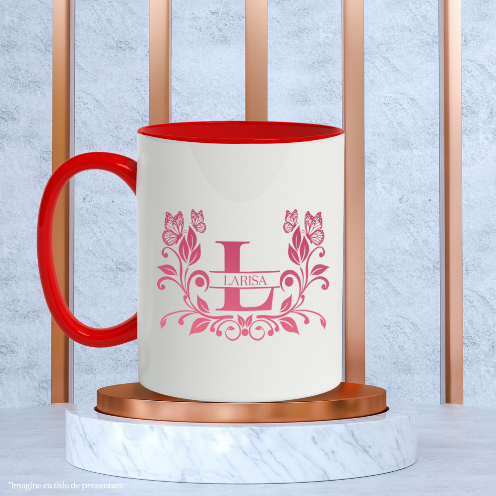Cana Iubitorii De Plante, Fluture Natura, Text Nume Personalizat, Dragoste, Culoare Rosu, Cu Litera, 330ML, Ceramica, Cu Maner si Interior Rosu [3]