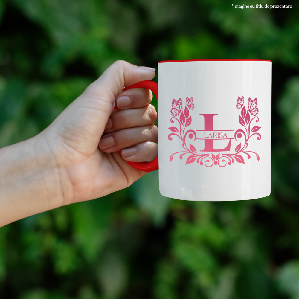 Cana Iubitorii De Plante, Fluture Natura, Text Nume Personalizat, Dragoste, Culoare Rosu, Cu Litera, 330ML, Ceramica, Cu Maner si Interior Rosu [2]