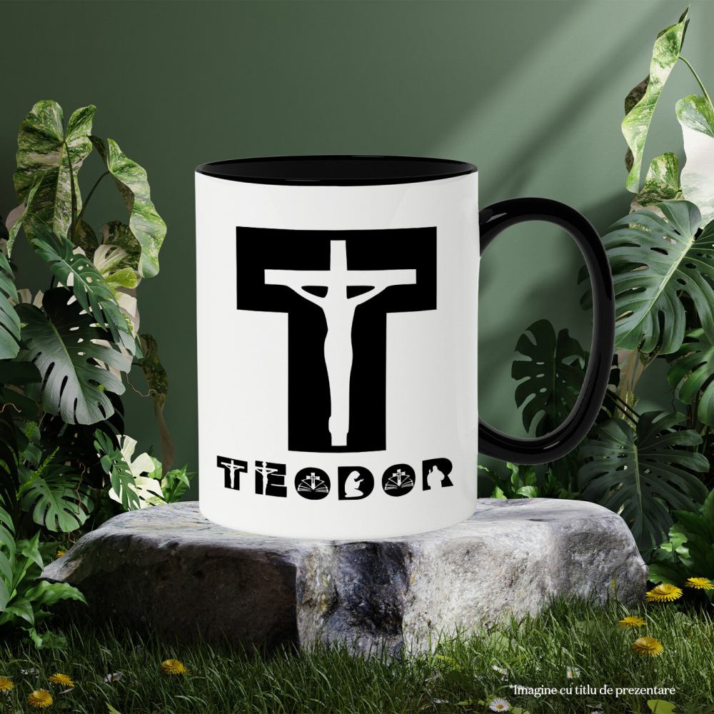 Cana Iubitorii De Religie, Iisus Pe cruce, Text Nume Personalizat, Copii, Culoare Negru, Cu Litera, 330ML, Ceramica, Cu Maner si Interior Negru [3]