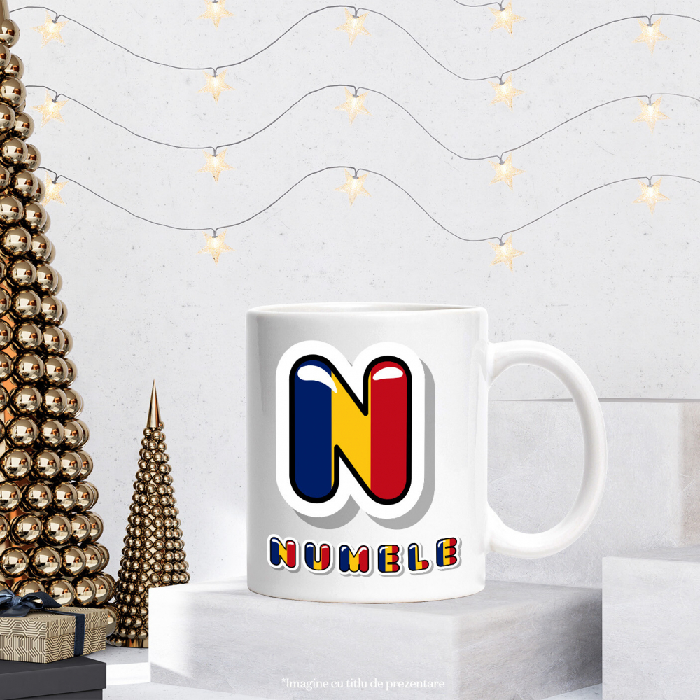 Cana Iubitorii De Romania, patriot, Text Nume Personalizat, Dragoste, Culoare Rosu, galben, Albastru, Cu Litera, 330ML, Ceramica, Cu Maner si Interior Alb [3]