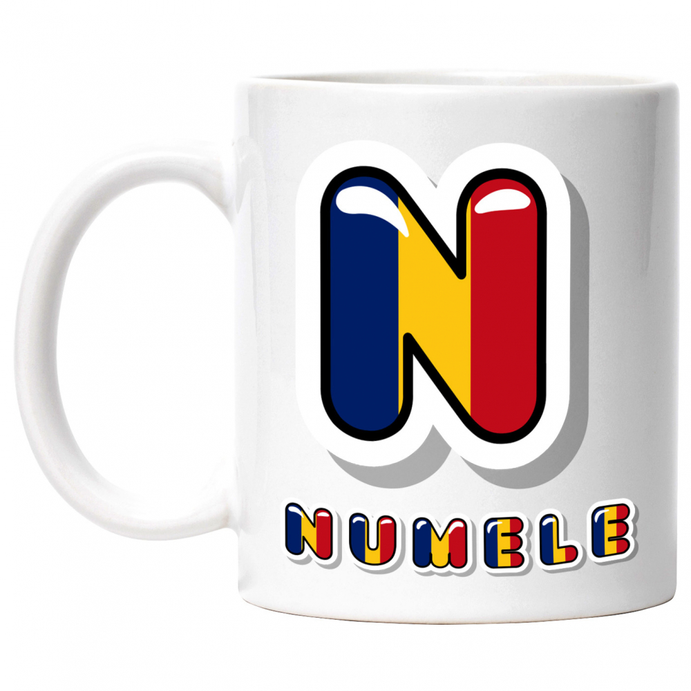 Cana Iubitorii De Romania, patriot, Text Nume Personalizat, Dragoste, Culoare Rosu, galben, Albastru, Cu Litera, 330ML, Ceramica, Cu Maner si Interior Alb [1]