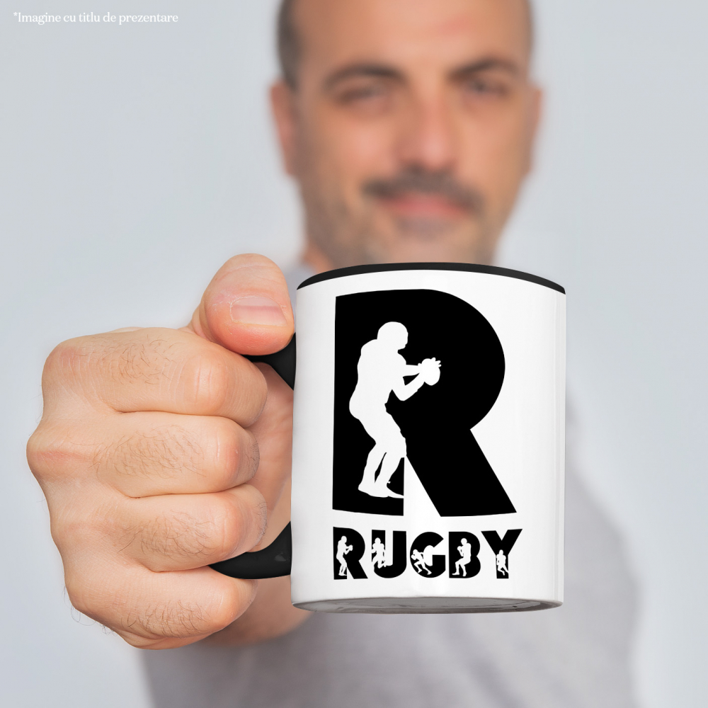 Cana Iubitorii De Rugby, Silueta Sportiva, Text Nume Personalizat, Copii, Culoare Negru, Cu Litera, 330ML, Ceramica, Cu Maner si Interior Negru [2]