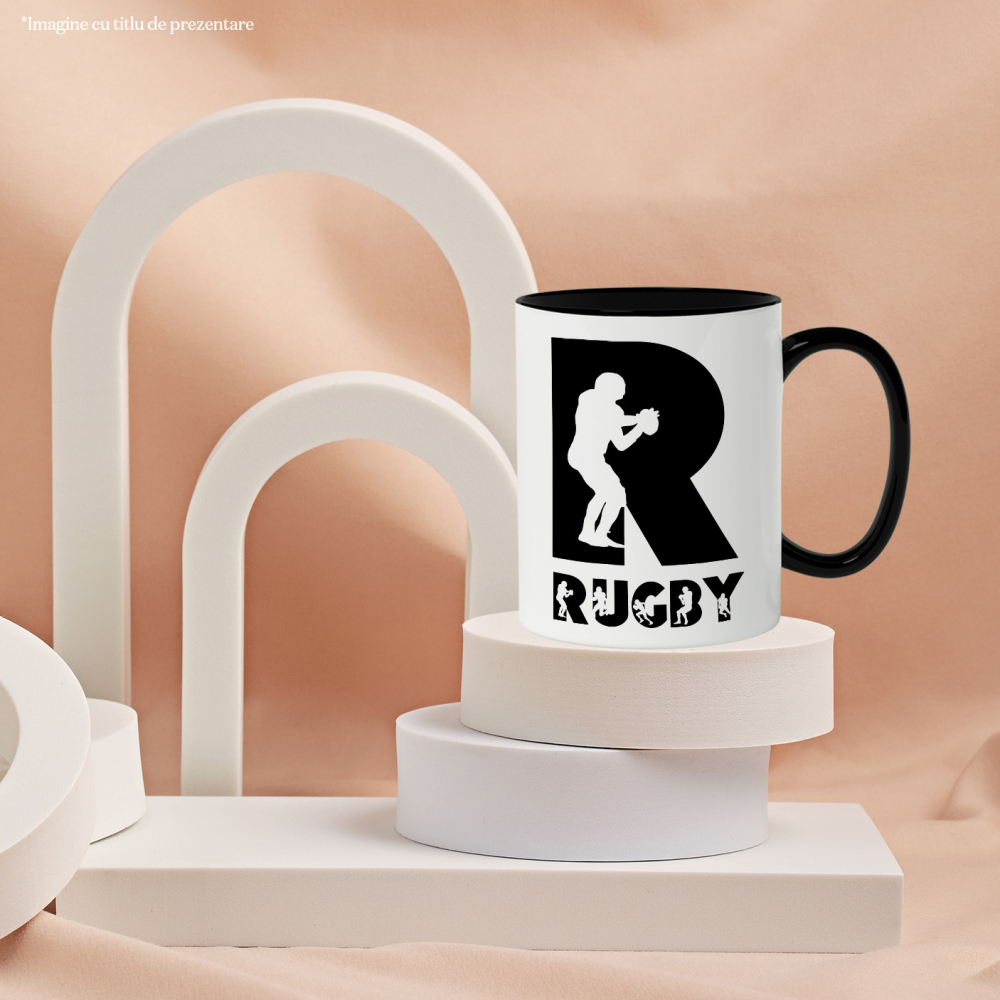 Cana Iubitorii De Rugby, Silueta Sportiva, Text Nume Personalizat, Copii, Culoare Negru, Cu Litera, 330ML, Ceramica, Cu Maner si Interior Negru [3]