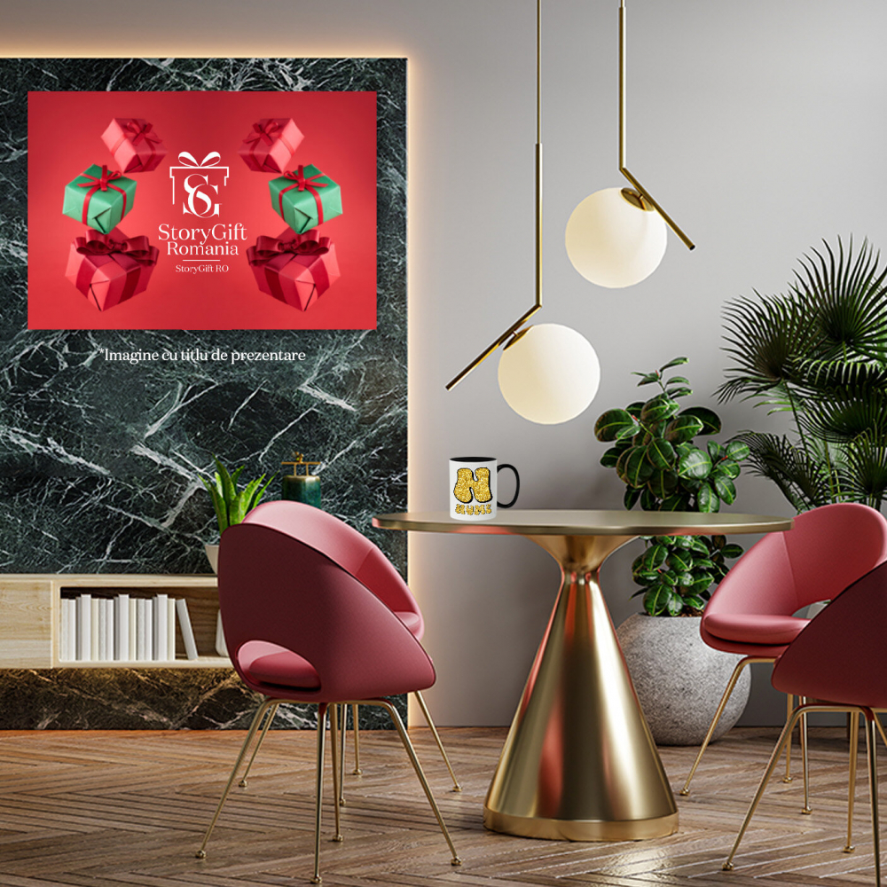 Cana Iubitorii De Sclipici, Text Nume Personalizat, Dragoste, Culoare galben, Cu Litera, 330ML, Ceramica, Cu Maner si Interior Negru [4]