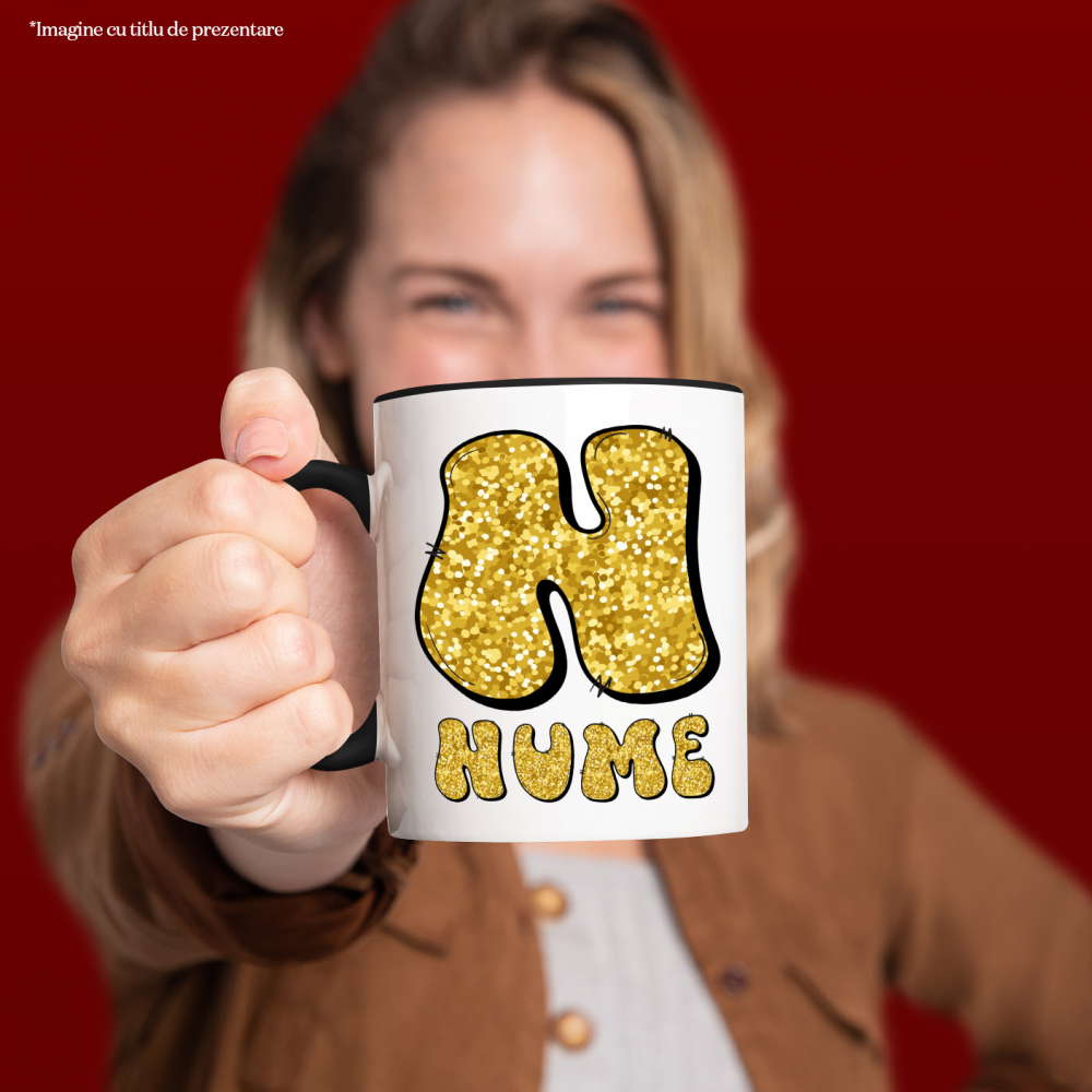 Cana Iubitorii De Sclipici, Text Nume Personalizat, Dragoste, Culoare galben, Cu Litera, 330ML, Ceramica, Cu Maner si Interior Negru [2]