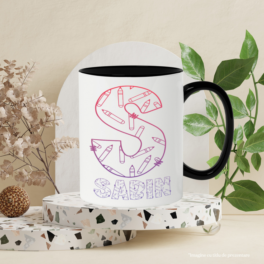 Cana Iubitorii De Scoala, Creioane, Text Nume Personalizat, Copii, Culoare Mov Gradient, Cu Litera, 330ML, Ceramica, Cu Maner si Interior Negru [3]