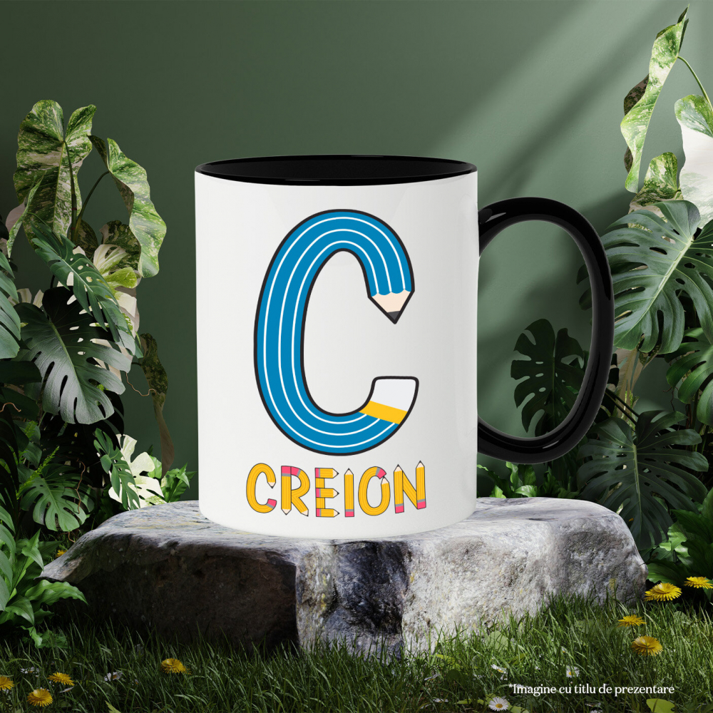 Cana Iubitorii De Scoala, Creion Galben, Text Nume Personalizat, Copii, Culoare Albastru, Cu Litera, 330ML, Ceramica, Cu Maner si Interior Negru [3]