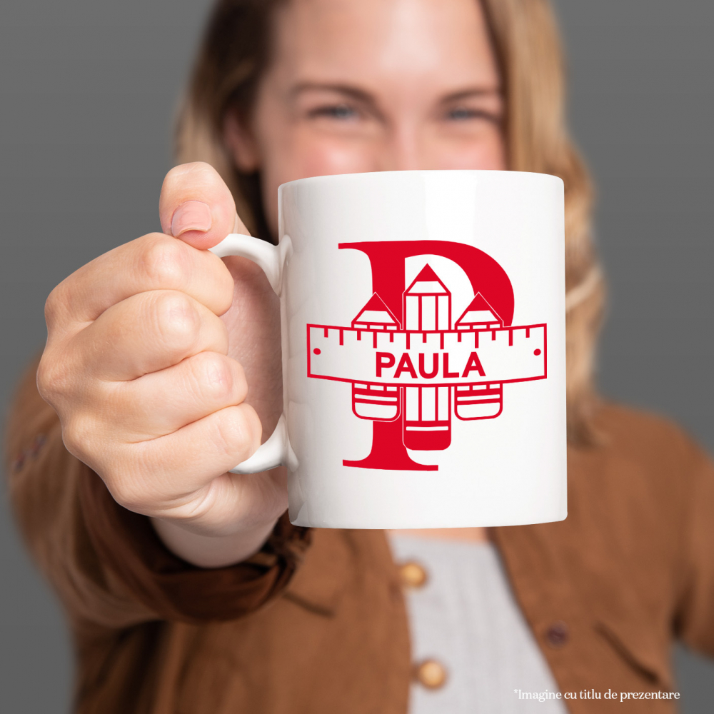 Cana Iubitorii De Scoala, Creion, Text Nume Personalizat, Copii, Culoare Rosu, Cu Litera, 330ML, Ceramica, Cu Maner si Interior Alb [2]