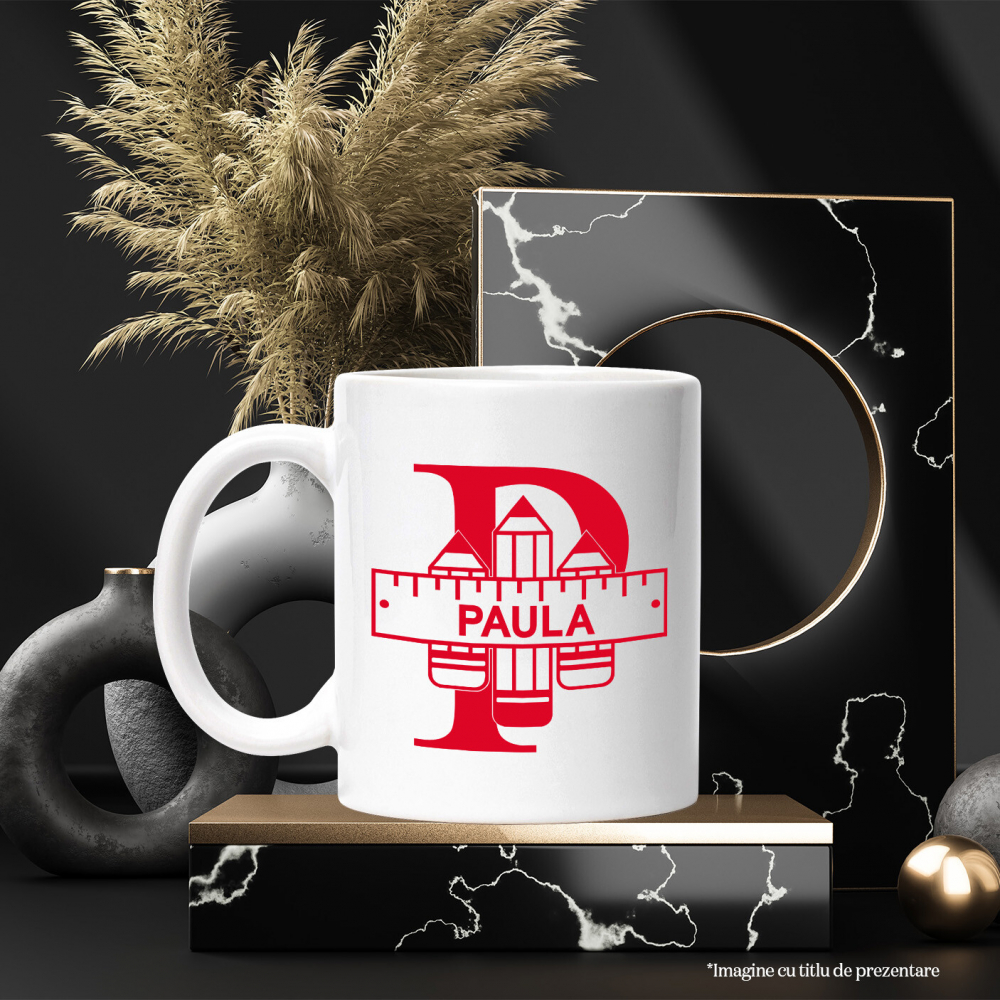 Cana Iubitorii De Scoala, Creion, Text Nume Personalizat, Copii, Culoare Rosu, Cu Litera, 330ML, Ceramica, Cu Maner si Interior Alb [3]