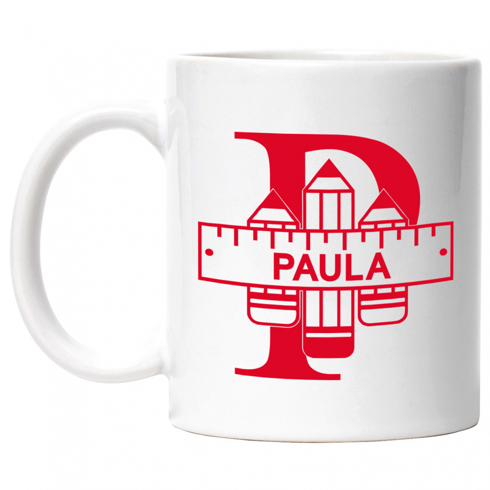 Cana Iubitorii De Scoala, Creion, Text Nume Personalizat, Copii, Culoare Rosu, Cu Litera, 330ML, Ceramica, Cu Maner si Interior Alb [1]