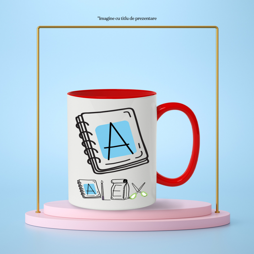 Cana Iubitorii De Scoala, Pachet Mancare, Text Nume Personalizat, Copii, Culoare Negru, Cu Litera, 330ML, Ceramica, Cu Maner si Interior Rosu [3]