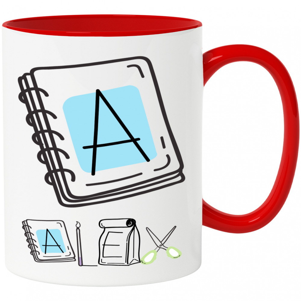 Cana Iubitorii De Scoala, Pachet Mancare, Text Nume Personalizat, Copii, Culoare Negru, Cu Litera, 330ML, Ceramica, Cu Maner si Interior Rosu [1]