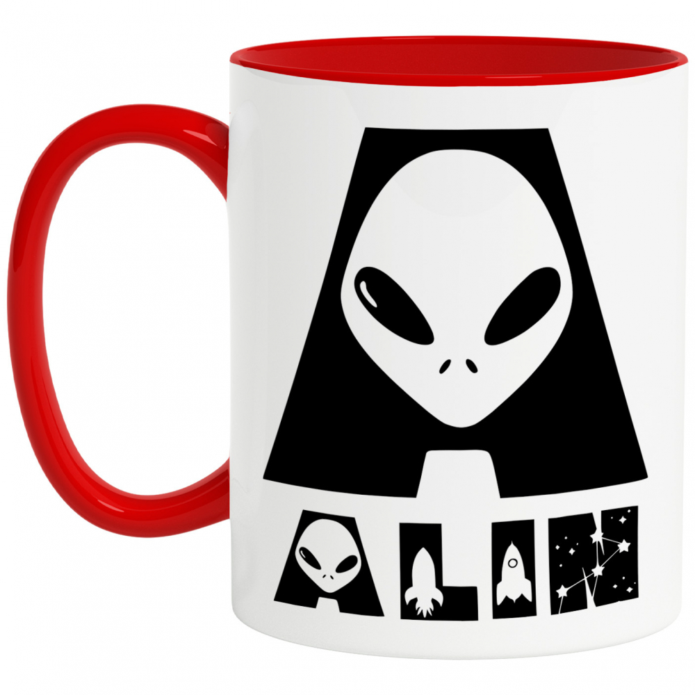 Cana Iubitorii De SF, Extraterestru, Text Nume Personalizat, copii, Culoare Negru, Cu Litera, 330ML, Ceramica, Cu Maner si Interior Rosu [1]