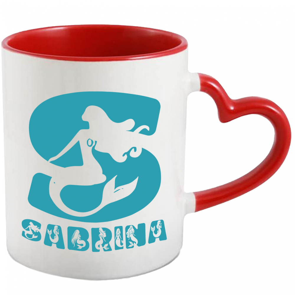 Cana Iubitorii De Sirene, Basme, Unicorn, Text Nume Personalizat, copii, Culoare Albastru, Cu Litera, 330ML, Ceramica, Cu Maner Inima Rosie si Interior Rosu [1]