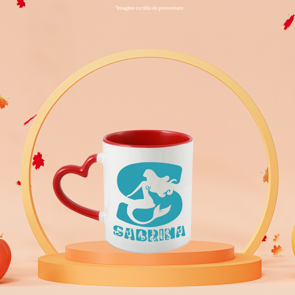 Cana Iubitorii De Sirene, Basme, Unicorn, Text Nume Personalizat, copii, Culoare Albastru, Cu Litera, 330ML, Ceramica, Cu Maner Inima Rosie si Interior Rosu [2]