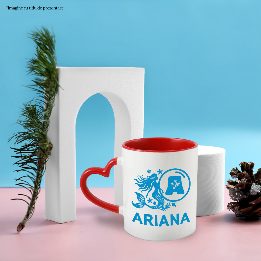 Cana Iubitorii De Sirene, Fiinta magica, Text Nume Personalizat, copii, Culoare Albastru, Cu Litera, 330ML, Ceramica, Cu Maner Inima Rosie si Interior Rosu [2]