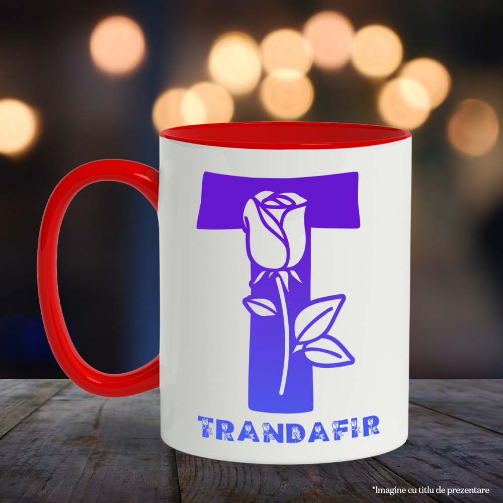 Cana Iubitorii De Trandafir, Flori, Natura, Text Nume Personalizat, Dragoste, Culoare Albastru, Cu Litera, 330ML, Ceramica, Cu Maner si Interior Rosu [3]