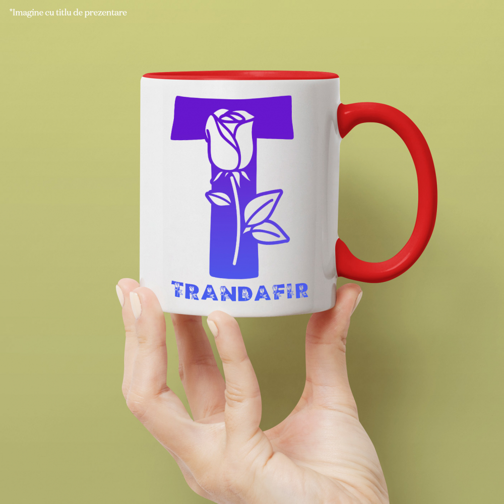 Cana Iubitorii De Trandafir, Flori, Natura, Text Nume Personalizat, Dragoste, Culoare Albastru, Cu Litera, 330ML, Ceramica, Cu Maner si Interior Rosu [2]