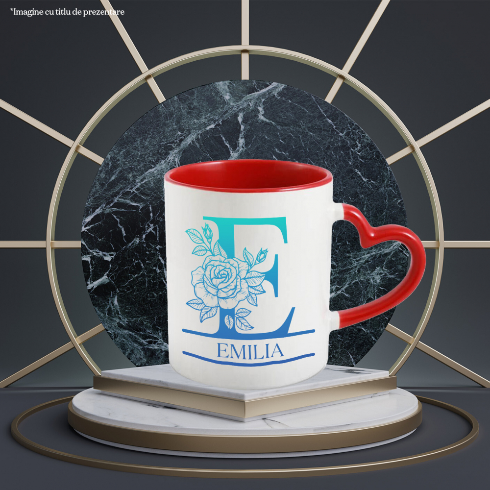 Cana Iubitorii De Trandafiri, Fluture Natura, Text Nume Personalizat, Dragoste, Culoare Albastru, Cu Litera, 330ML, Ceramica, Cu Maner Inima Rosie si Interior Rosu [2]