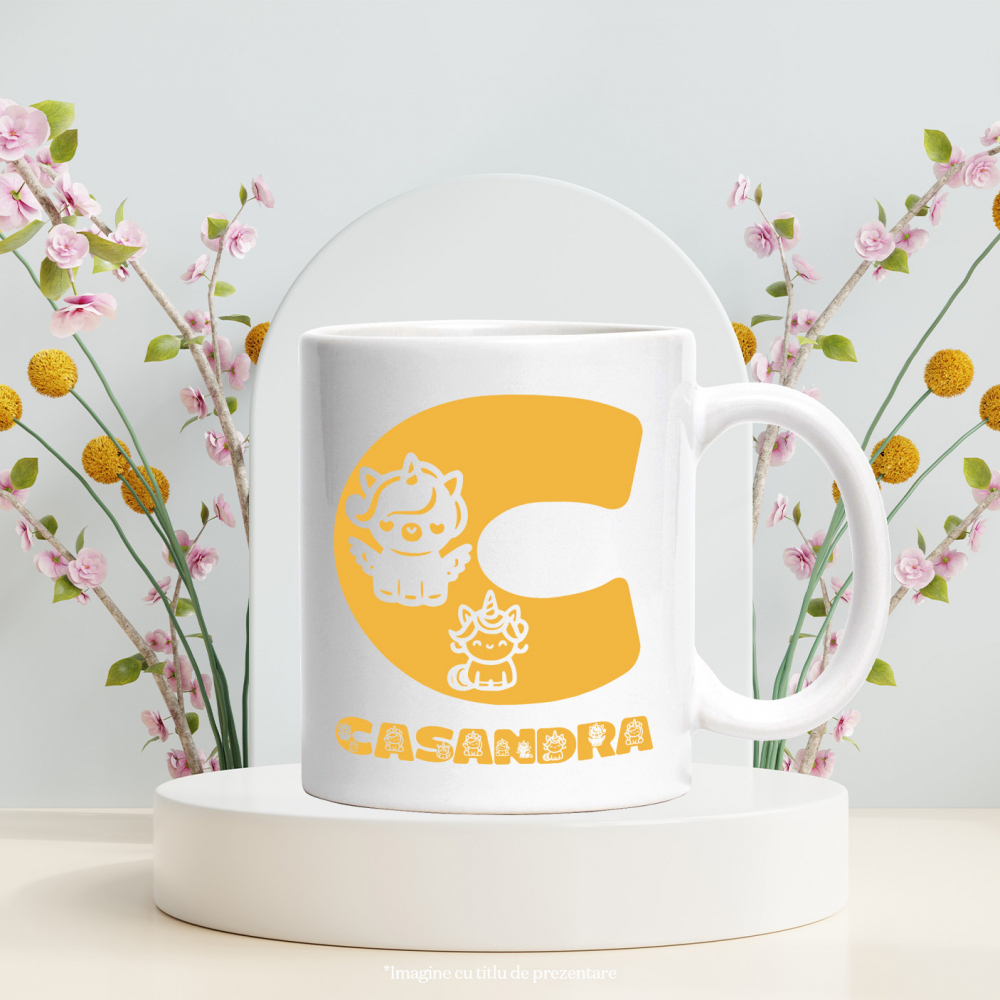 Cana Iubitorii De Unicorni, Animal Gras, Text Nume Personalizat, copii, Culoare Galben, Cu Litera, 330ML, Ceramica, Cu Maner si Interior Alb [3]