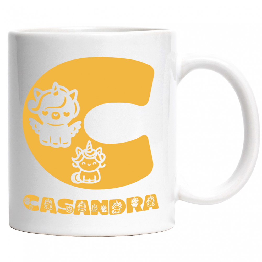 Cana Iubitorii De Unicorni, Animal Gras, Text Nume Personalizat, copii, Culoare Galben, Cu Litera, 330ML, Ceramica, Cu Maner si Interior Alb [1]