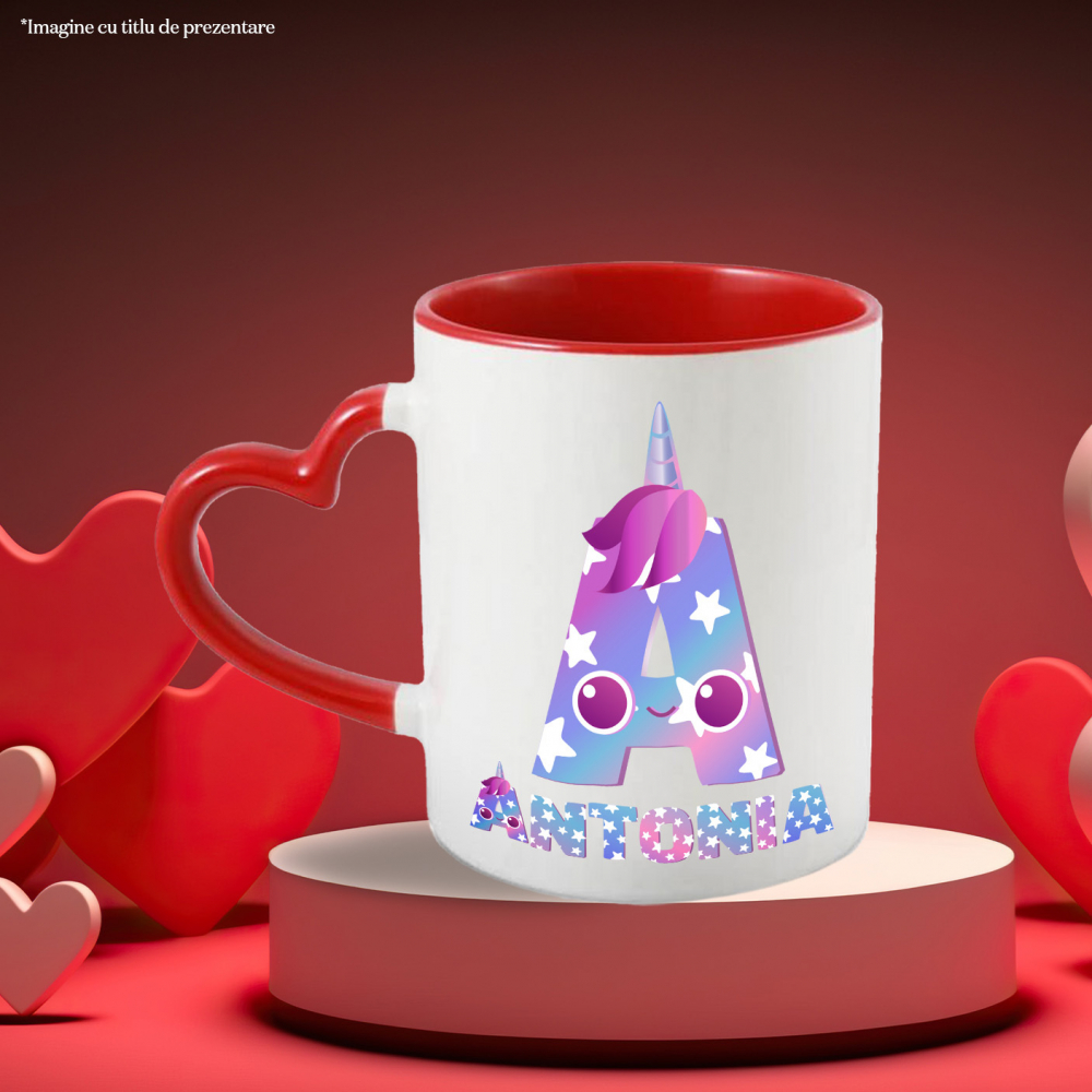 Cana Iubitorii De unicorni, Corn Roz, Text Nume Personalizat, Culoare Multicolor Cu Stele copii, Cu Litera, 330ML, Ceramica, Cu Maner Inima Rosie si Interior Rosu [3]