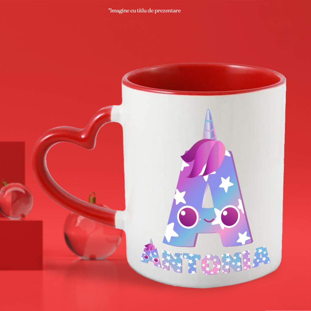Cana Iubitorii De unicorni, Corn Roz, Text Nume Personalizat, Culoare Multicolor Cu Stele copii, Cu Litera, 330ML, Ceramica, Cu Maner Inima Rosie si Interior Rosu [2]