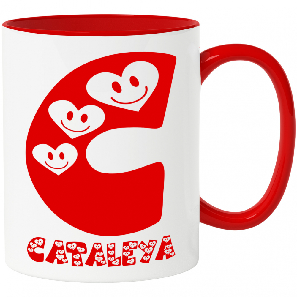 Cana Iubitorii De Valentine's Day, Inimi Zambitoare, Text Nume Personalizat, Copii, Culoare Rosu, Cu Litera, 330ML, Ceramica, Cu Maner si Interior Rosu [1]
