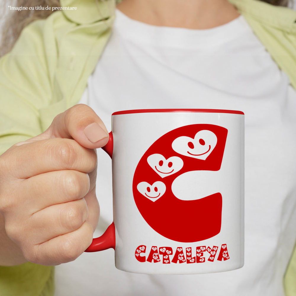 Cana Iubitorii De Valentine's Day, Inimi Zambitoare, Text Nume Personalizat, Copii, Culoare Rosu, Cu Litera, 330ML, Ceramica, Cu Maner si Interior Rosu [2]