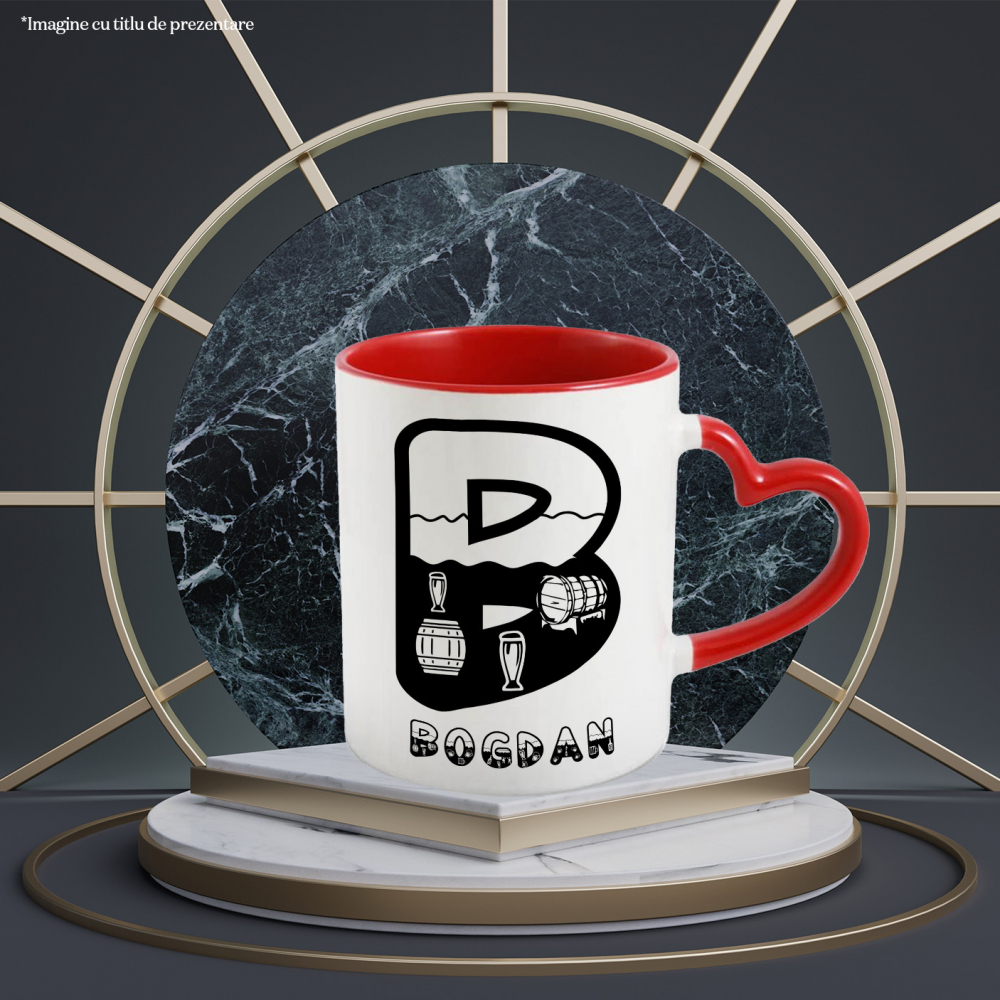 Cana Iubitorii De Vin, Butoaie Din Lemn, Text Nume Personalizat, Culoare Negru, Cu Litera, 330ML, Ceramica, Cu Maner Inima Rosie si Interior Rosu [2]