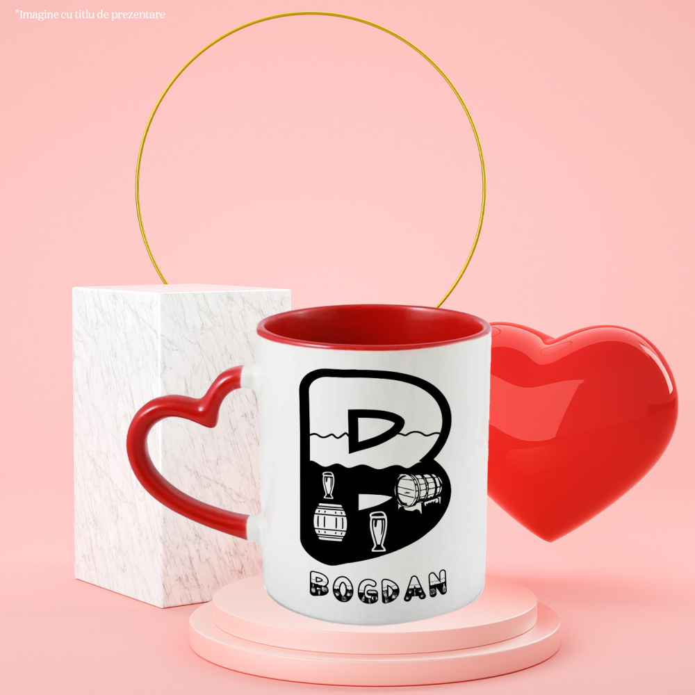 Cana Iubitorii De Vin, Butoaie Din Lemn, Text Nume Personalizat, Culoare Negru, Cu Litera, 330ML, Ceramica, Cu Maner Inima Rosie si Interior Rosu [3]